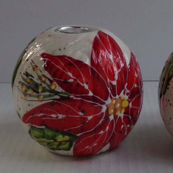 Vintage Christmas Bella Casa Ganz Ceramic Taper Candle Holders Poinsettia Shiny - Picture 10 of 15